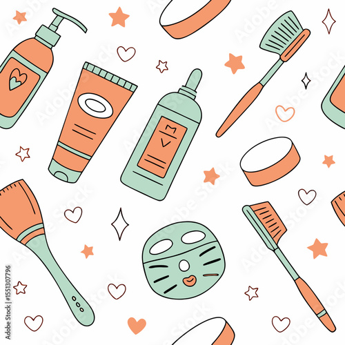 Seamless beauty pattern showcasing skincare products on a minimalistic white background