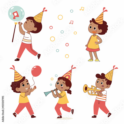 Festive cartoon children joyfully celebrating with music and balloons at a party