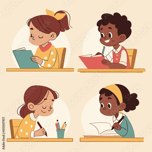 Diverse group of students diligently engaged in educational activities together