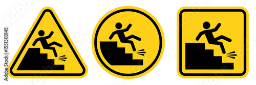 Set warning falling off the stairs sign on white background. slippery stairs warning sign.	