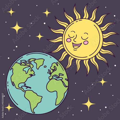 Stylized Earth and Sun Illustration in a Starry Cosmic Background, Cute Graphic