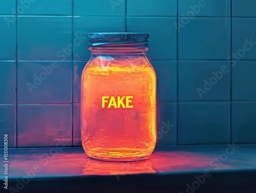 A vibrant jar filled with bright liquid labeled 'FAKE', against a tiled backdrop.