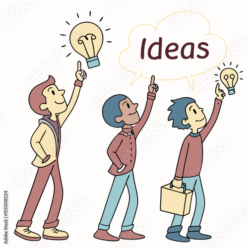 Collaborative thought process illustrated through diverse characters and bright ideas