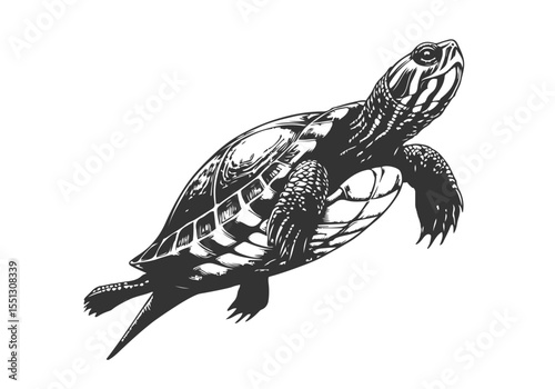 Yellow-Bellied Slider Engraved Hand Drawn Natural Illustration Vector Isolated by AZ for Books, Arts, Design and Decoration Graphic Asset