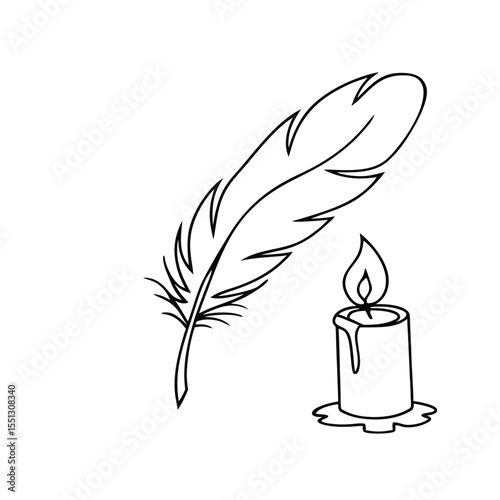 Black Line Art Feather Quill and Lit Candle flame