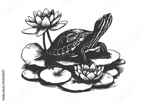 Yellow-Bellied Slider Engraved Hand Drawn Natural Illustration Vector Isolated by AZ for Books, Arts, Design and Decoration Graphic Asset