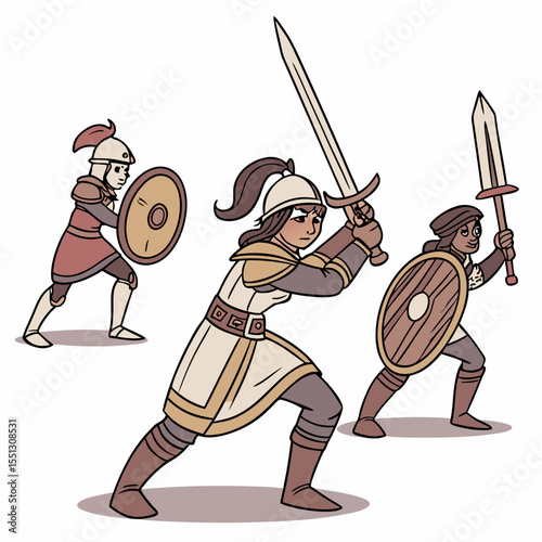 Stylized depiction of three medieval warriors in action stance vector art