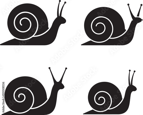 Vector art of four snail silhouettes with spiral shells isolated on white background