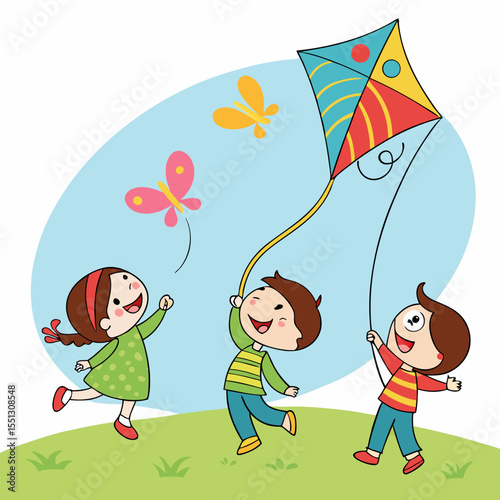 Joyful children playing with a colorful kite outdoors illustration for design