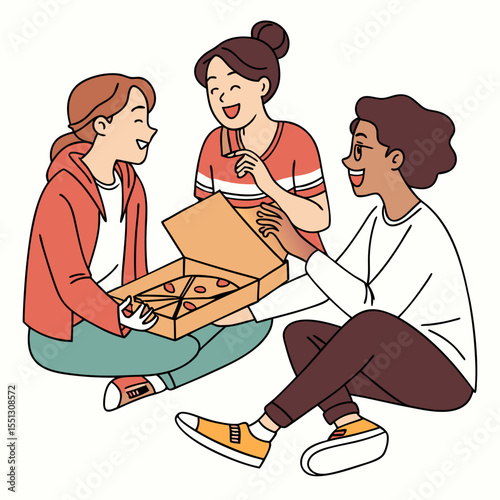 Friends sharing pizza in a relaxed, casual gathering for a simple celebration