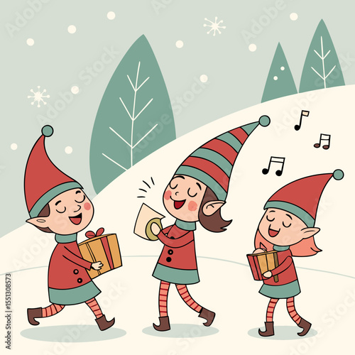 Whimsical elven carolers spreading festive cheer amidst a snowy landscape