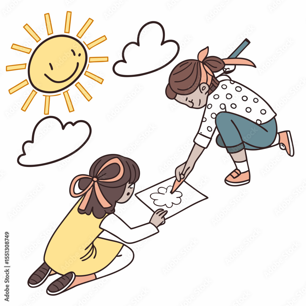 Fototapeta premium Children's Art Project: Two Girls Drawing Under a Cheerful Sun and Playful Clouds