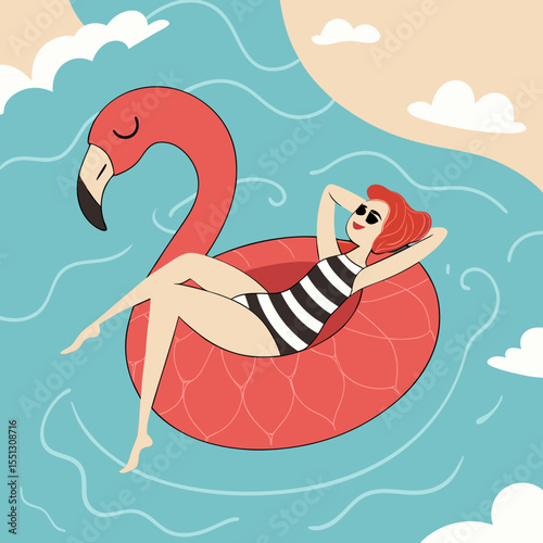 Whimsical Summer Escape: Woman Relaxing on Flamingo Float in Tranquil Waters