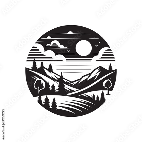 black and white daytime landscape background, editable vector image