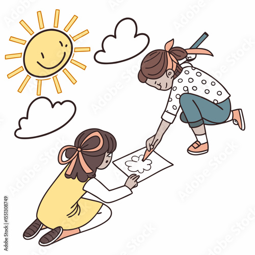 Children's Art Project: Two Girls Drawing Under a Cheerful Sun and Playful Clouds