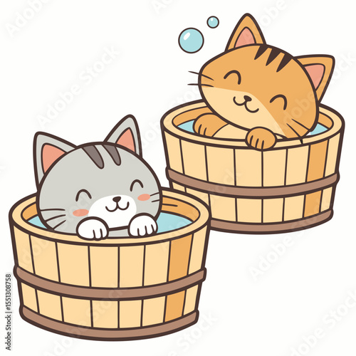 Playful feline companions enjoying a soothing bath together in wooden tubs