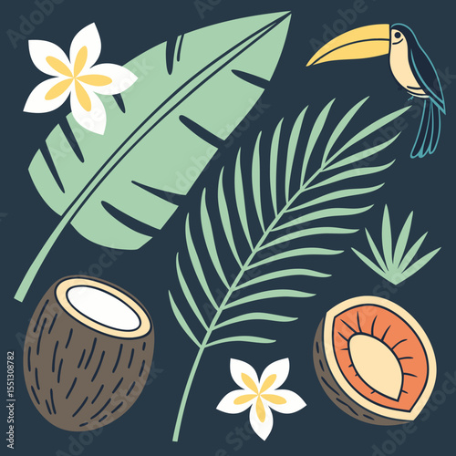 Tropical vector composition with exotic bird, fruits, leaves, and flowers