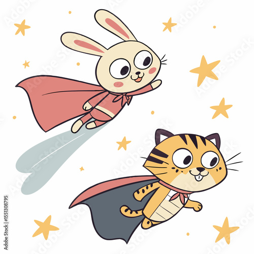 Cartoon superheroes rabbit and tiger character vector illustration playful design