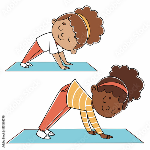 Cartoon girls practicing yoga poses on mats with a playful illustration style