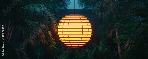 A vibrant lantern glowing amidst lush greenery, creating a serene and inviting atmosphere.