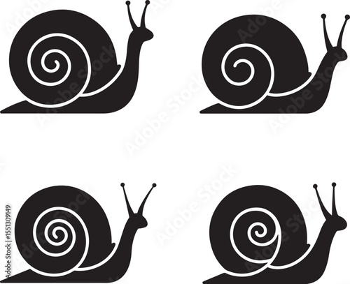 Vector art of four snail silhouettes with spiral shells isolated on white background