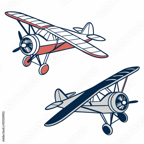 Stylized vintage biplane vector illustration set, perfect for aviation themed designs