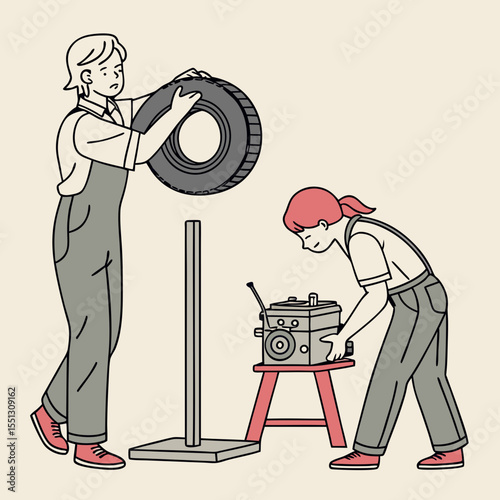 Two mechanics in casual illustration style working on vehicle repair projects