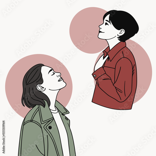 Stylized portraits of two pensive young women gazing upward with hope
