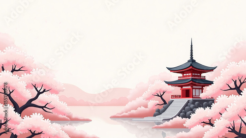 wallpaper background  template featuring japanese cherry blossom, temple  in gradiant pink color