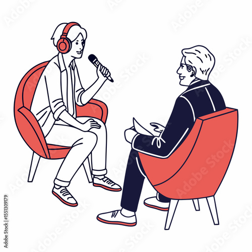 Podcast recording session with interviewer and interviewee in modern setting