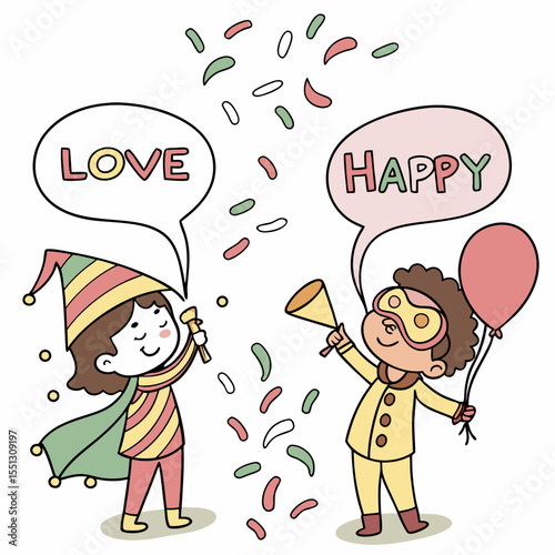 Celebratory cartoon illustration of two children spreading love and happiness