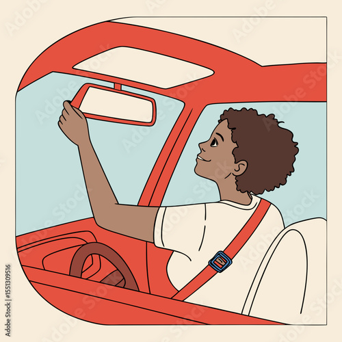Woman adjusts rearview mirror inside vibrant red car with retro aesthetic style