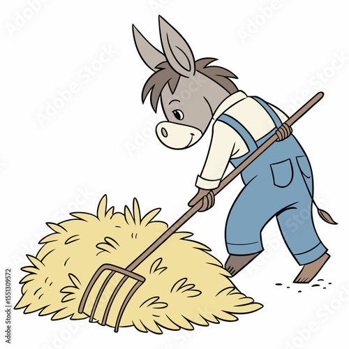 Animated donkey farmer working diligently with hay using pitchfork illustration