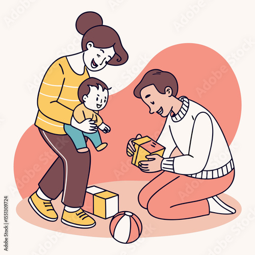 Warm Family Scene: Joyful Bonding with a Child and Playful Gift-Giving Moment