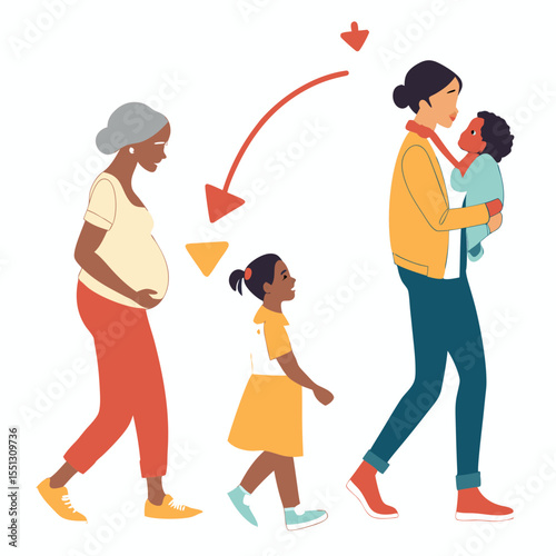 The stages of motherhood illustrated with pregnant women, children and baby