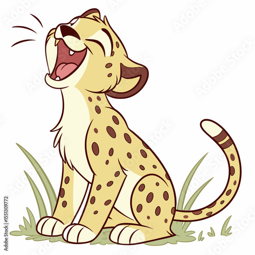 Cartoon cheetah cub yawning wide on grass patch in a stylized design