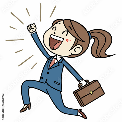 Illustrated businesswoman celebrates a triumphant moment with energetic pose