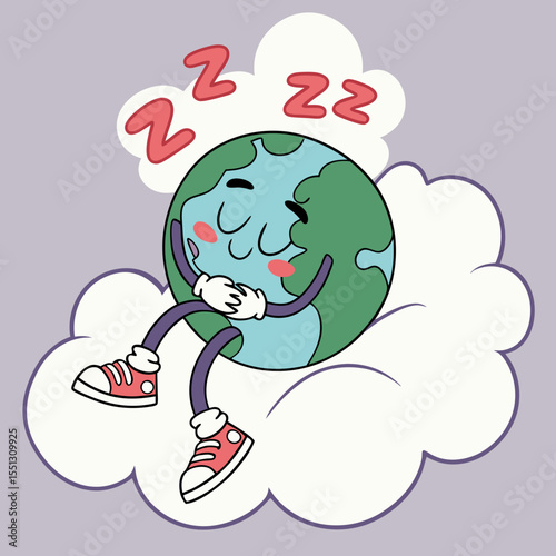 Cartoon earth character peacefully sleeping on a cloud illustration concept
