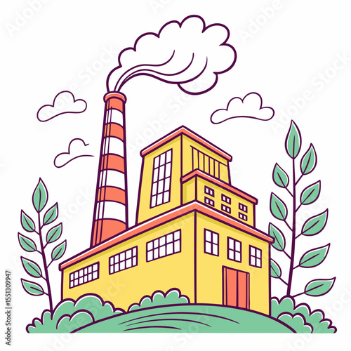 Illustrated industrial plant with rising emissions and surrounding flora