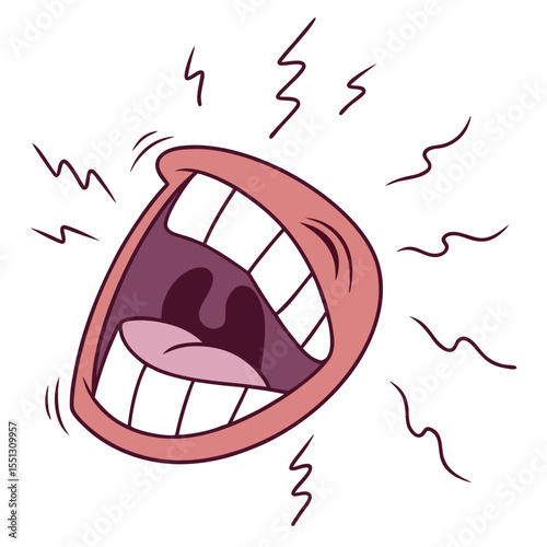 Animated illustration of open mouth emitting dynamic sound waves or shouts