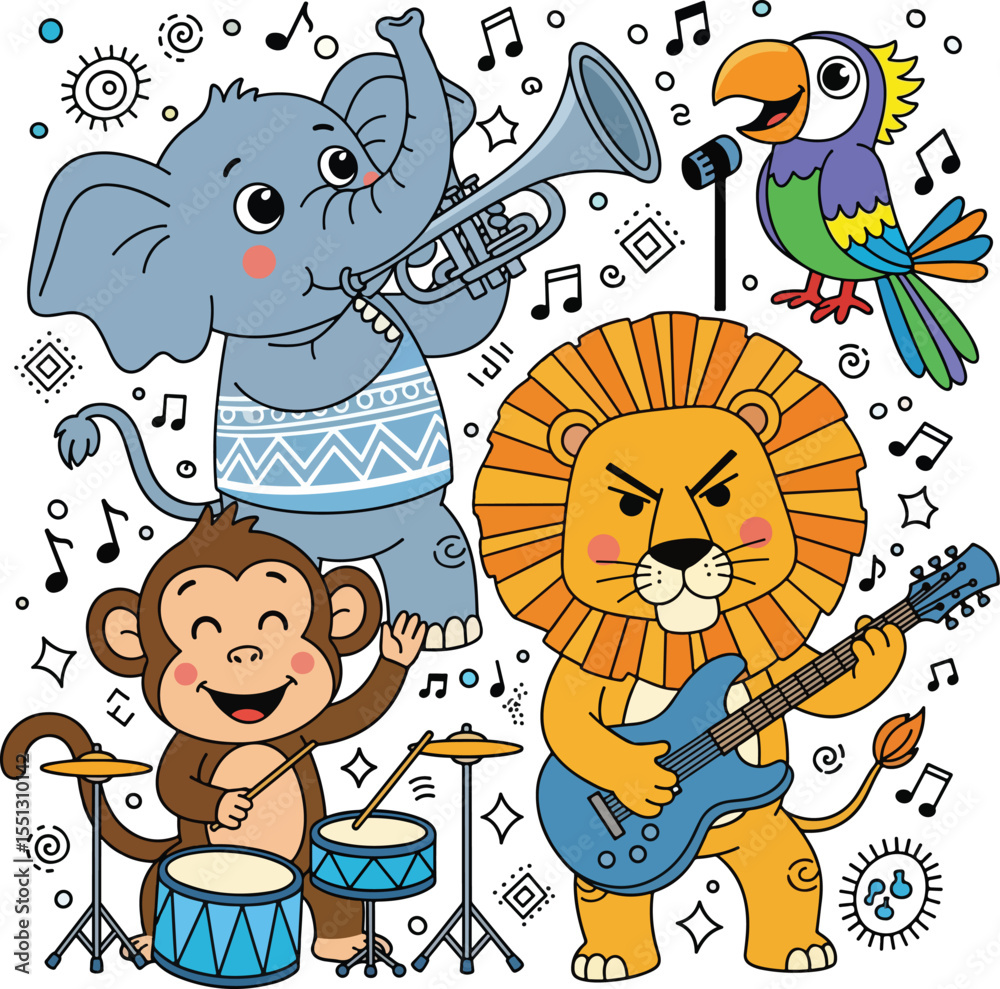 Wild animals like monkey on drums, elephant with trumpet, lion with guitar, and parrot singing — forming a cartoon music band. Child-friendly,