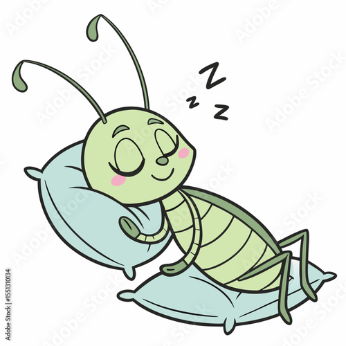 Cute cartoon bug character peacefully asleep on a soft fluffy pillow