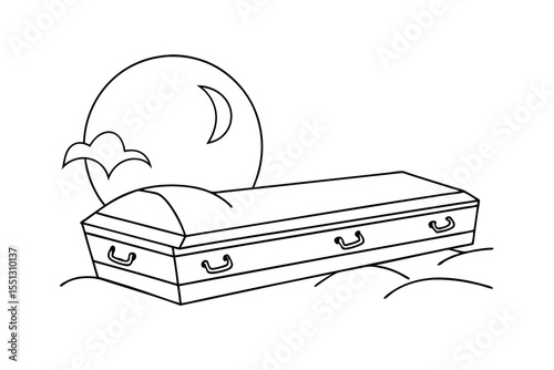 Black Line Art Coffin Night Scene Crescent Moon Clouds