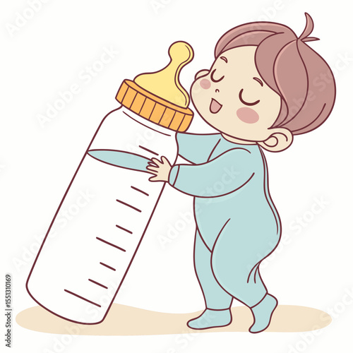 Charming illustration of baby embracing oversized milk bottle, a heartwarming scene