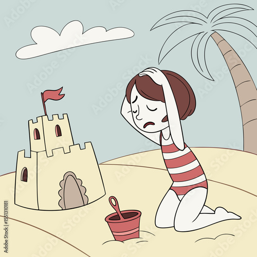 Illustration of a distraught child by a ruined sandcastle on a beach