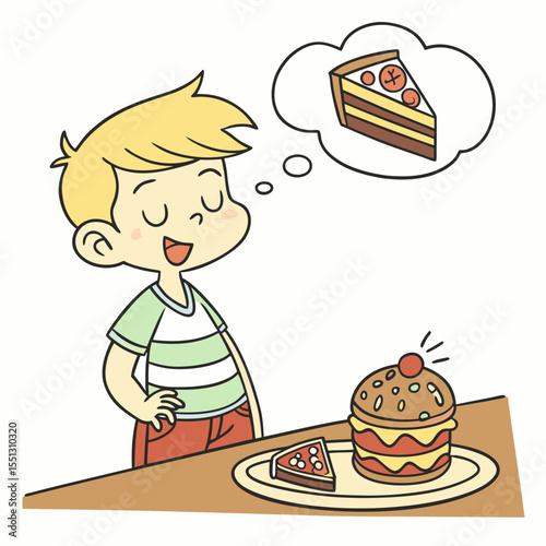 Imagination of a boy, envisioning a delectable slice of layered cake treat