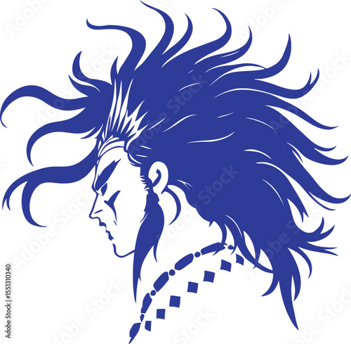 Mystical Warrior Spirit Portrait Featuring a Fierce Blue-Toned Profile of a Person with Wild, Wind-Swept Hair, Tribal Face Markings, and a Square-Beaded Necklace—Exuding Intensity, Power, and Ancestra