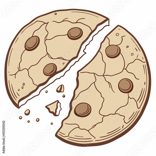 Hand-Drawn Chocolate Chip Cookie with a Bite Taken, Isolated on White