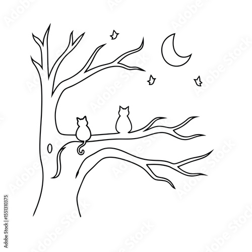 Two Cats Sitting on Bare Tree Branch Nighttime Line Art