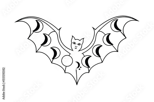 Black Line Art Bat Wings Moon Phases Design vector